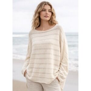 Women's Ivory Textured Knit Sweater Relax Fit Long Sleeve Boho Coastal Oversized